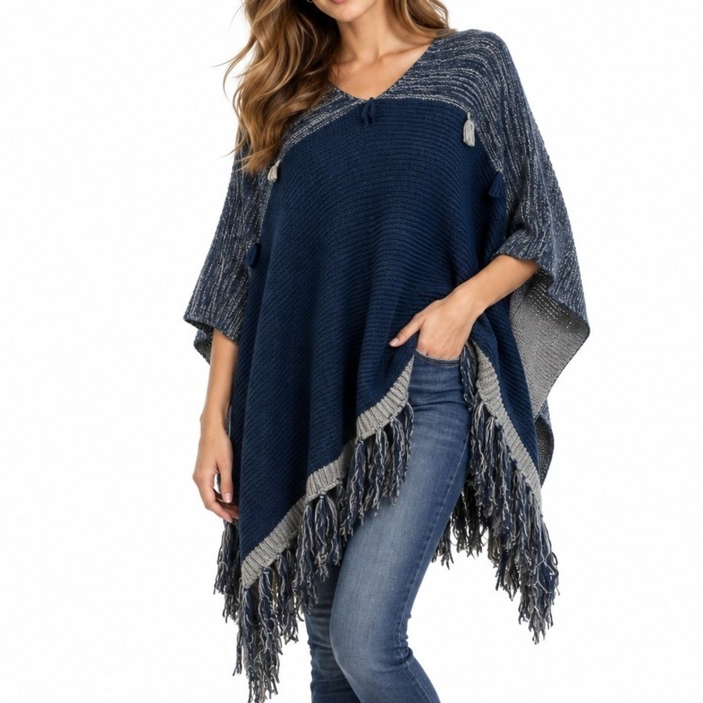 Chic Ruff Bohemian Navy Blue Grey Knit Tassel Fringe Poncho Wrap One Size